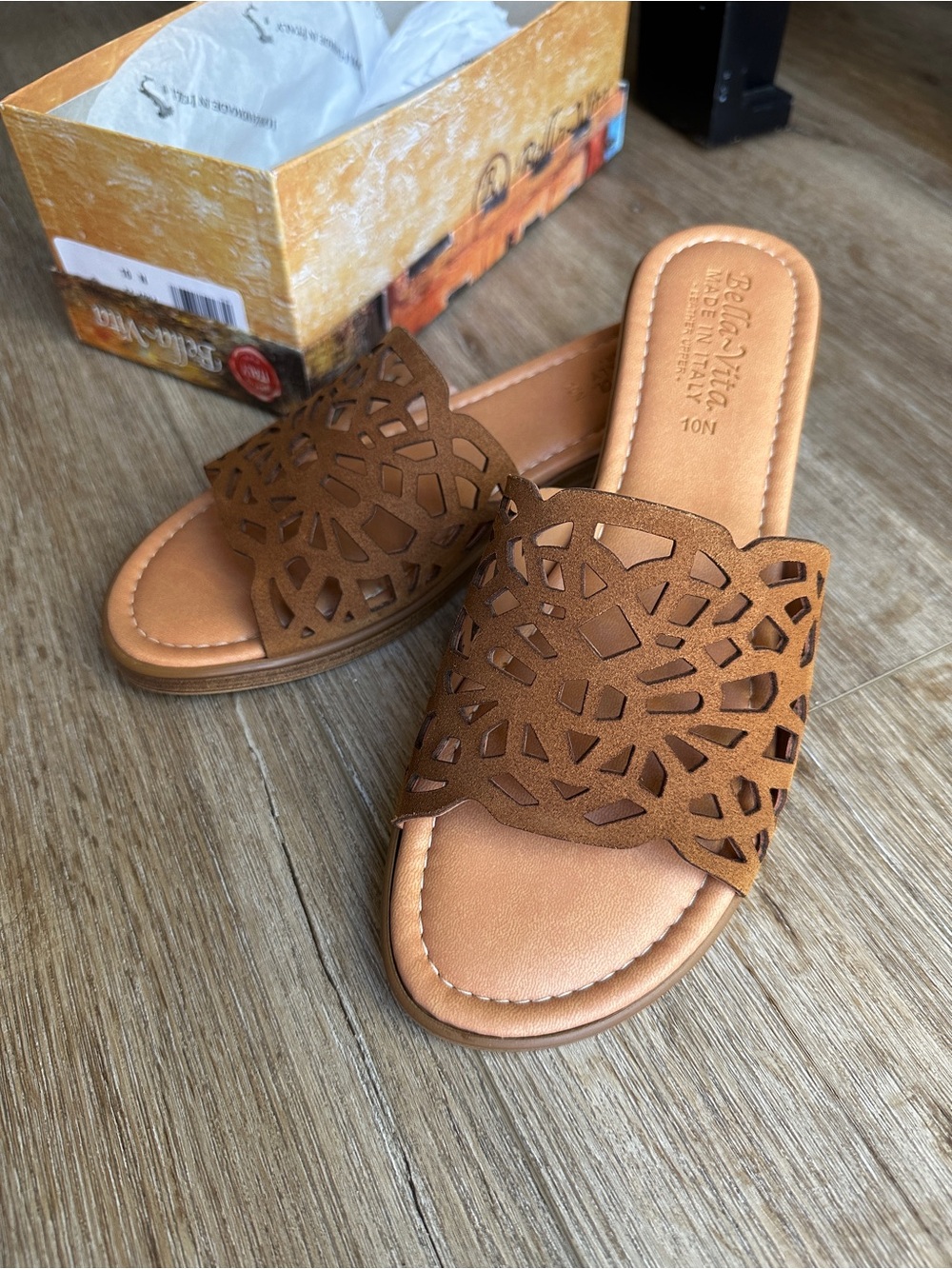Bella Vita Brown Laser-Cut Slide Mules